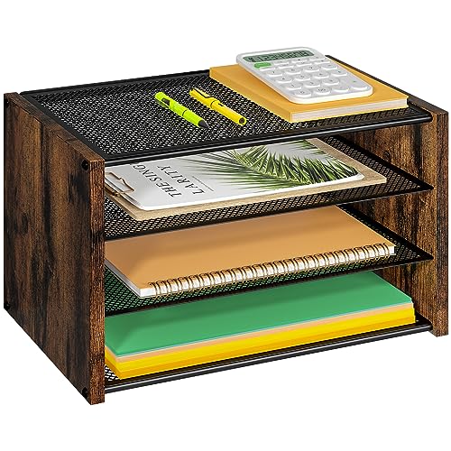 Briefablage aus Papier, 3-stöckig, Schreibtisch-Organizer aus Holz, stapelbar, Metallgeflecht, Schreibtisch-Organizer für Bürobedarf, kleine Papierablagen für Zuhause, Büro, Schule, rustikales Braun von DAOUTIME