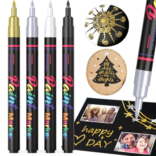DAPAWIN Permanent Marker Fein Wasserfest Stift: Trocknen Schnell Lackstift Glasmalstifte 0.7mm, 4 Farben Wasserfester Stift: Schwarz, Weiß, Gold, Silber, für Stein, Glas, Holz, Reifen, Metall, Papier von DAPAWIN