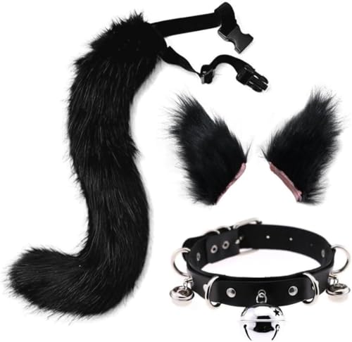 DAPINGP Faux Fox Tail Ears Hair Clip Choker Set, Cat Wolf Animal Tail Headpiece for Halloween Christmas Costume Cosplay (Black) von DAPINGP