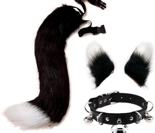 DAPINGP Faux Fox Tail Ears Hair Clip Choker Set, Cat Wolf Animal Tail Headpiece for Halloween Christmas Costume Cosplay (Black and White) von DAPINGP