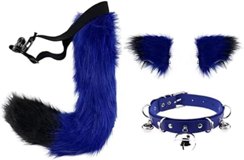 DAPINGP Faux Fox Tail Ears Hair Clip Choker Set, Cat Wolf Animal Tail Headpiece for Halloween Christmas Costume Cosplay (Blue Black) von DAPINGP