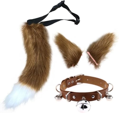 DAPINGP Faux Fox Tail Ears Hair Clip Choker Set, Cat Wolf Animal Tail Headpiece for Halloween Christmas Costume Cosplay (Brown) von DAPINGP