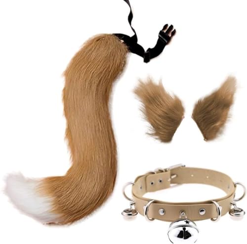 DAPINGP Faux Fox Tail Ears Hair Clip Choker Set, Cat Wolf Animal Tail Headpiece for Halloween Christmas Costume Cosplay (Camel) von DAPINGP