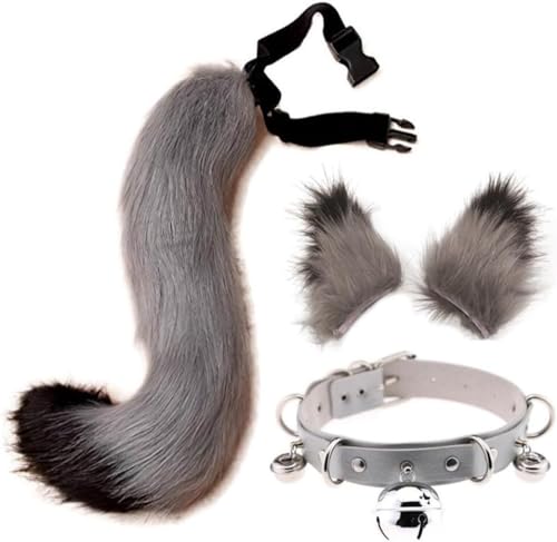 DAPINGP Faux Fox Tail Ears Hair Clip Choker Set, Cat Wolf Animal Tail Headpiece for Halloween Christmas Costume Cosplay (Dark Gray) von DAPINGP