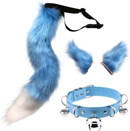 DAPINGP Faux Fox Tail Ears Hair Clip Choker Set, Cat Wolf Animal Tail Headpiece for Halloween Christmas Costume Cosplay (Himmelblau) von DAPINGP