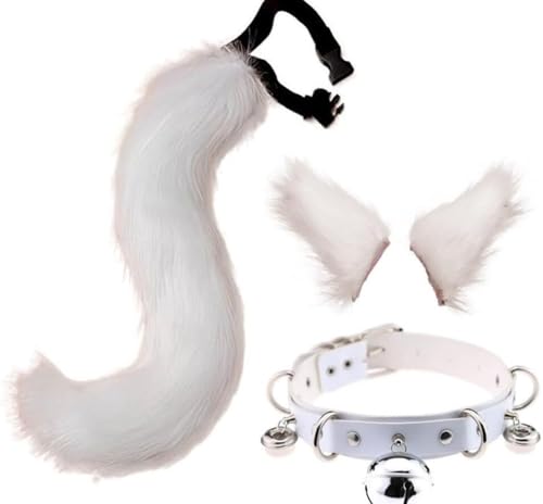 DAPINGP Faux Fox Tail Ears Hair Clip Choker Set, Cat Wolf Animal Tail Headpiece for Halloween Christmas Costume Cosplay (White) von DAPINGP