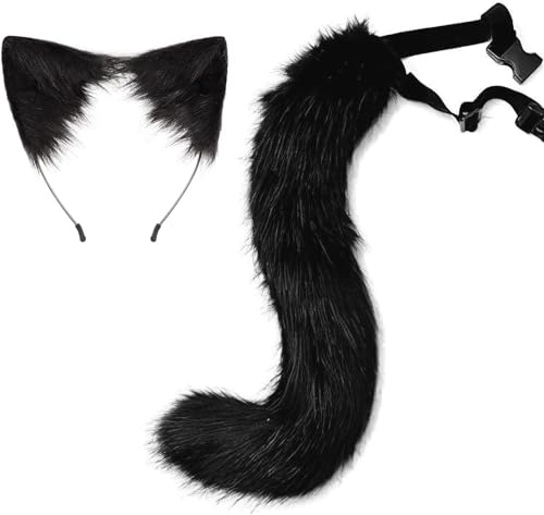 DAPINGP Faux Katzenohren Stirnband Wolf Fuchsschwanz Set Fell Tier Cosplay Kostüm Kopfschmuck Halloween Party Zubehör (schwarz) von DAPINGP