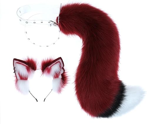 DAPINGP Fox Wolf Katzenohren und Schwanz Set Pelzohren Stirnband mit Schwanz Tiere Ohren Schwanz für Cosplay Kostüm Weinrot (Set) von DAPINGP