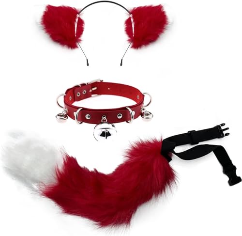 DAPINGP Kunstfell-Katzenohren-Haarspange, pelziger Wolf, Fuchsschwanz, Glocke, Leder, Halsband, Cosplay-Set für Halloween (Rot-Weiß) von DAPINGP