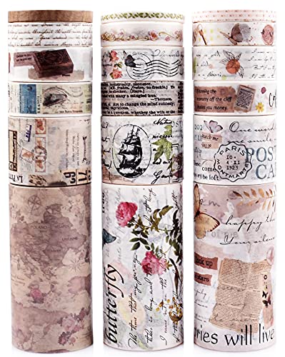 18 Rollen Vintage Washi-Klebeband-Set, 75/30/15/10/5 mm breit, florale Karten-Stempel, Buchstaben, antikes Retro-Deko-Klebeband-Set für Scrapbooking, Basteln, Kinder, Scrapbooking-Zubehör 18 Rollen Vintage Washi-Klebeband-Set, 75/30/15/10/5 mm breit, florale Karten-Stempel, Buchstaben, antikes Retro-Deko-Klebeband-Set für Scrapbooking, Basteln, Kinder, Scrapbooking-Zubehör von DAPUTOU