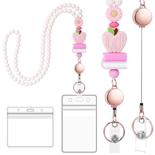 Boho-Lehrer-Schlüsselband für Schlüssel, Holzperlen, Schlüsselband für Ausweise, Abzeichen, rosa Silikon-Blume, Apfelbuch, für Frauen, Geschenk, Krankenschwester, Arbeit, Studenten, Schulbedarf Boho-Lehrer-Schlüsselband für Schlüssel, Holzperlen, Schlüsselband für Ausweise, Abzeichen, rosa Silikon-Blume, Apfelbuch, für Frauen, Geschenk, Krankenschwester, Arbeit, Studenten, Schulbedarf von DARCKLE