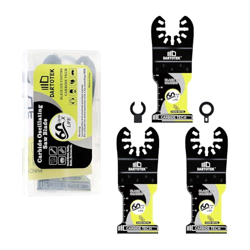 DARTOTEK 34MM Wolframkarbid oszillierend Schwarzes Eis beschichtet 3PCS Multi-Tool-Klingen, Sägeblätter für Holz mit Nägeln, Metall, Kunststoff, Trockenbauwände - 42mm x 1.0mm x 23T (mit 6 Adaptern) DARTOTEK 34MM Wolframkarbid oszillierend Schwarzes Eis beschichtet 3PCS Multi-Tool-Klingen, Sägeblätter für Holz mit Nägeln, Metall, Kunststoff, Trockenbauwände - 42mm x 1.0mm x 23T (mit 6 Adaptern) von DARTOTEK