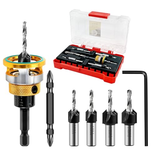 DARTOTEK Senkbohrer-Set - Hartmetall-Spitzen mit verstellbarem Tiefenanschlag - HSS-Kegelbohrkopf (3,2MM/3,6MM/4MM/4,4MM/4,8MM) für Holz, Kunststoff, Holzarbeiten - Schnellwechsel-Sechskant von DARTOTEK