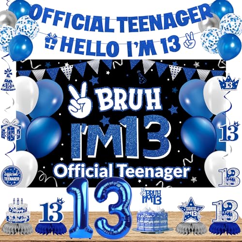 DARUNAXY 13 Geburtstag Party Dekorationen für Jungen Mädchen, Blau Offizielles Teenager Hello I'm 13 Banner 13 Zahlenballons & Cake Topper 13 Jahre alt Geburtstag Wabenförmige hängende Wirbel Konfetti von DARUNAXY