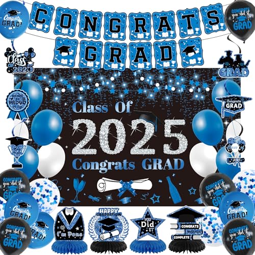 DARUNAXY Blaue Abschluss-Party-Dekorationen, 1,8 x 1,1 m, schwarz-blau, Klasse von 2025, Abschlussbanner, 2025 Congrats Grad, Waben-Konfetti-Ballon, Glückwünsche, Absolventen, Partyzubehör (26 Stück) DARUNAXY Blaue Abschluss-Party-Dekorationen, 1,8 x 1,1 m, schwarz-blau, Klasse von 2025, Abschlussbanner, 2025 Congrats Grad, Waben-Konfetti-Ballon, Glückwünsche, Absolventen, Partyzubehör (26 Stück) von DARUNAXY