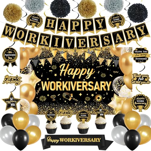 DARUNAXY Happy Workiversary Party-Dekorationen für Männer und Frauen, Schwarz / Gold, Happy Work Anniversary Banner, Kuchendekoration, hängende Wirbel-Konfetti-Luftballons, Dekor-Set für Mitarbeiter, DARUNAXY Happy Workiversary Party-Dekorationen für Männer und Frauen, Schwarz / Gold, Happy Work Anniversary Banner, Kuchendekoration, hängende Wirbel-Konfetti-Luftballons, Dekor-Set für Mitarbeiter, von DARUNAXY