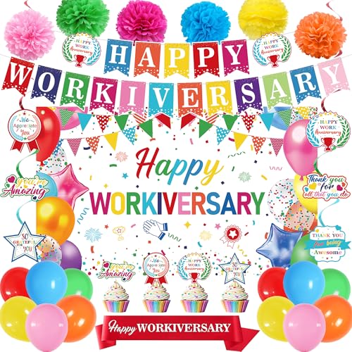 DARUNAXY Happy Workiversary Party-Dekorationen für Männer und Frauen, buntes Happy Work Anniversary Banner, Kuchendekoration, hängende Wirbel-Konfetti-Luftballons, Dekor-Set für Mitarbeiter, Büro DARUNAXY Happy Workiversary Party-Dekorationen für Männer und Frauen, buntes Happy Work Anniversary Banner, Kuchendekoration, hängende Wirbel-Konfetti-Luftballons, Dekor-Set für Mitarbeiter, Büro von DARUNAXY