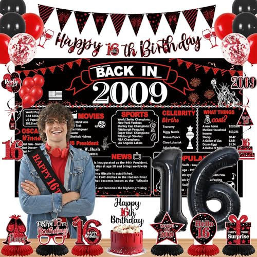 DARUNAXY Party-Dekorationen zum 16. Geburtstag für Jungen, rotes Banner, schwarze 16 Zahlenballons und Kuchendekoration, Vintage 2009 Sweet 16 Birthday Honeycomb hängende Wirbel-Konfetti-Ballons (30 von DARUNAXY