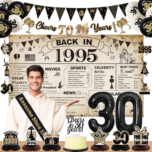 DARUNAXY Party-Dekorationen zum 30. Geburtstag für Männer und Frauen, Vintage-Banner, schwarze 30 Zahlenballons und Kuchendekoration, Vintage-Stil, 1995, 30. Geburtstag, Waben-Konfetti-Ballons zum DARUNAXY Party-Dekorationen zum 30. Geburtstag für Männer und Frauen, Vintage-Banner, schwarze 30 Zahlenballons und Kuchendekoration, Vintage-Stil, 1995, 30. Geburtstag, Waben-Konfetti-Ballons zum von DARUNAXY
