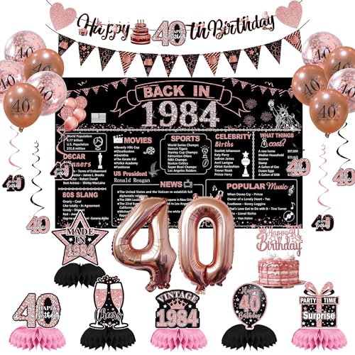 DARUNAXY Party-Dekorationen zum 40. Geburtstag für Frauen, Roségold Back in 1984, Banner, Roségold, 40 Zahlenballons & Kuchenaufsatz, Vintage 1984, 40. Geburtstag, Waben-Konfetti-Ballons zum von DARUNAXY