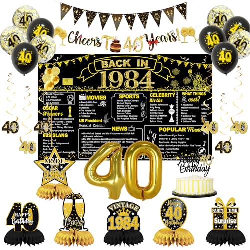 DARUNAXY Party-Dekorationen zum 40. Geburtstag für Männer und Frauen, Schwarz / Gold, Banner, Gold 40 Zahlenballons & Kuchenaufsatz, Vintage 1984 40 Geburtstag, Waben-Konfetti-Ballons zum Aufhängen, von DARUNAXY