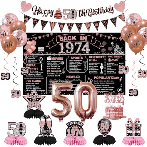 DARUNAXY Party-Dekorationen zum 50. Geburtstag für Frauen, Roségold Back in 1974, Banner, Roségold, 50 Zahlenballons und Kuchenaufsatz, Vintage 1974, 50. Geburtstag, Waben-Konfetti-Ballons zum von DARUNAXY