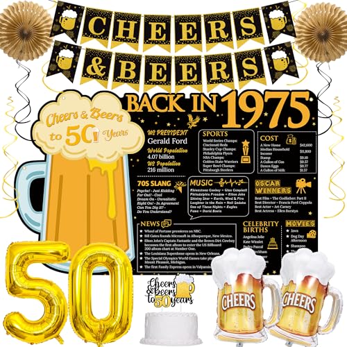 DARUNAXY Party-Dekorationen zum 50. Geburtstag für Männer und Frauen, Schwarz Gold Back in 1975 Hintergrund Vintage 1975 Cheers & Beers 50 Years Old Birthday Banner Gold 50 Zahlenballons von DARUNAXY