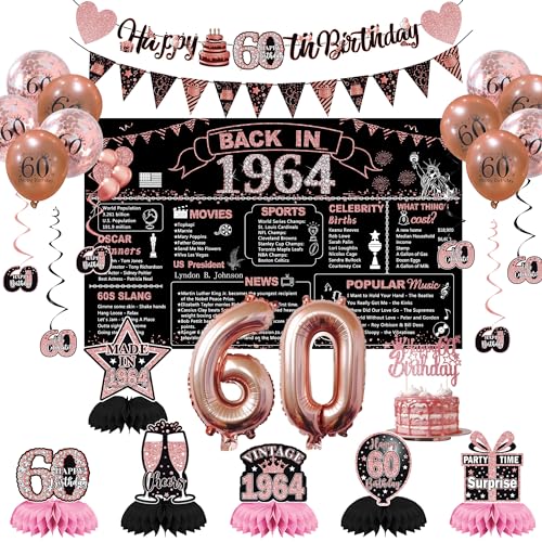 DARUNAXY Party-Dekorationen zum 60. Geburtstag für Frauen, Roségold Back in 4,988.6 cm Banner, Roségold, 60 Zahlenballons & Kuchenaufsatz, Vintage 1964, 60. Geburtstag, Waben-Konfetti-Ballons zum von DARUNAXY