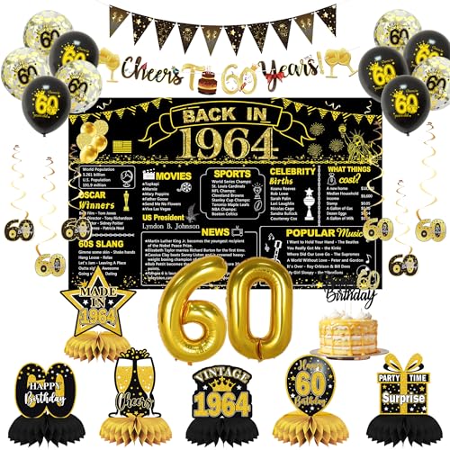 DARUNAXY Party-Dekorationen zum 60. Geburtstag für Männer und Frauen, schwarz-goldfarbenes Banner mit Aufschrift "Back in 4,988.6 cm, goldfarben, 60 Zahlenballons und Kuchenaufsatz, Vintage 1964, 60. von DARUNAXY