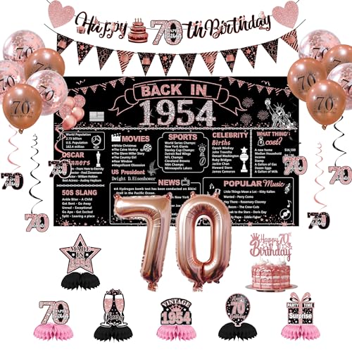 DARUNAXY Party-Dekorationen zum 70. Geburtstag für Frauen, Roségold Back in 4,963.2 cm Banner, Roségold, 70 Zahlenballons & Kuchenaufsatz, Vintage 1954 70 Geburtstag, Waben-Konfetti-Ballons zum von DARUNAXY