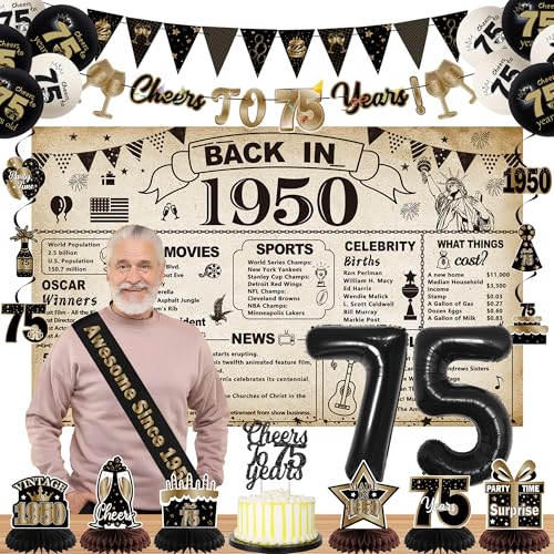 DARUNAXY Party-Dekorationen zum 75. Geburtstag, für Männer und Frauen, Vintage-Banner, schwarze 75 Zahlenballons und Kuchendekoration, Vintage-Stil, 1950, 75. Geburtstag, Waben-Konfetti-Ballons zum DARUNAXY Party-Dekorationen zum 75. Geburtstag, für Männer und Frauen, Vintage-Banner, schwarze 75 Zahlenballons und Kuchendekoration, Vintage-Stil, 1950, 75. Geburtstag, Waben-Konfetti-Ballons zum von DARUNAXY