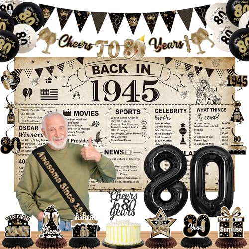 DARUNAXY Party-Dekorationen zum 80. Geburtstag für Männer und Frauen, Vintage-Banner, schwarze 80 Zahlenballons und Kuchendekoration, Vintage-Stil, 1945, 80. Geburtstag, Waben-Konfetti-Ballons zum DARUNAXY Party-Dekorationen zum 80. Geburtstag für Männer und Frauen, Vintage-Banner, schwarze 80 Zahlenballons und Kuchendekoration, Vintage-Stil, 1945, 80. Geburtstag, Waben-Konfetti-Ballons zum von DARUNAXY