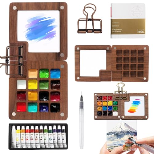 DASIAUTOEM 15 Farben Tragbare Aquarellpalette – Mini Aquarellkasten mit Clip, Magnetpalette aus Holz, Zusammenklappbares Aquarellfarben Set mit 8 Gitter für Skizzen & Reisen DASIAUTOEM 15 Farben Tragbare Aquarellpalette – Mini Aquarellkasten mit Clip, Magnetpalette aus Holz, Zusammenklappbares Aquarellfarben Set mit 8 Gitter für Skizzen & Reisen von DASIAUTOEM