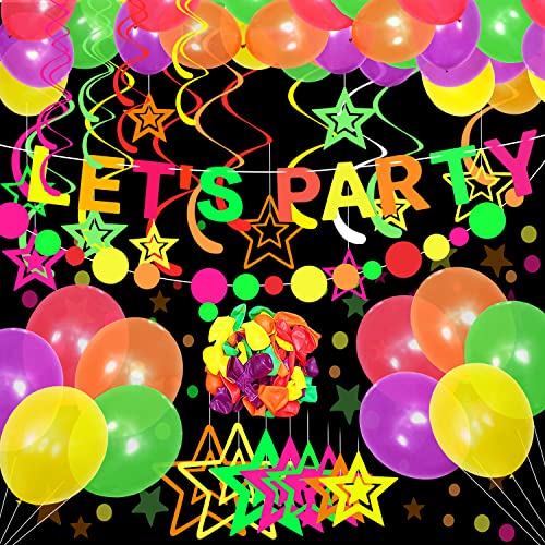 DASIAUTOEM Glow Neon Partyzubehör, Glühen Party Schwarzlicht Deko, 50 Fluoreszierend Luftballons Schwarzlicht Stern Glow Party Banner 10 Stern Hängen Wirbel für Schwarzlichtparty Geburtstag von DASIAUTOEM