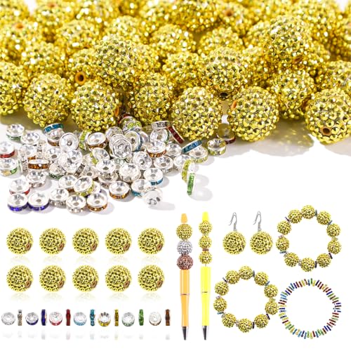12 mm Perlen für Stifte, 45 Stück Strassperlen und 220 Stück Abstandshalter für Perlenstifte – Glitzer-Acryl-Bubblegum Runde Bling Perle – Perlen-Stift-Zubehör – Fokusperle für Armbänder (Gold) von DASTTUIS