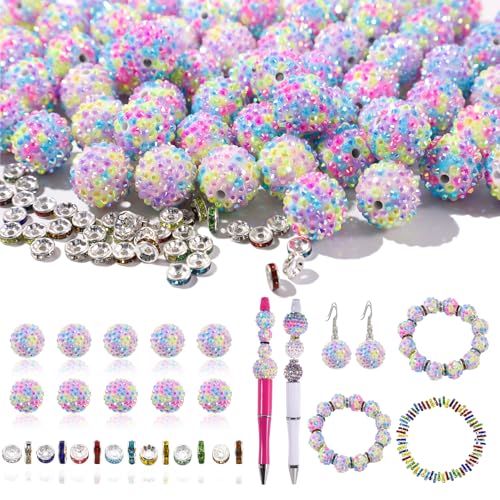 12 mm Perlen für Stifte, 45 Stück Strassperlen und 220 Stück Abstandshalter für Perlenstifte – Glitzer-Acryl-Bubblegum Runde Bling Perle – Perlen-Stifte Zubehör – Focal Bead für Armbänder (Mix) von DASTTUIS