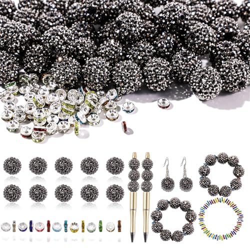 12 mm Perlen für Stifte, 45 Stück Strassperlen und 220 Stück Abstandshalter für Perlenstifte – Glitzer-Acryl-Bubblegum runde Bling Perle – Perlen-Stifte Zubehör – Fokusperle für Armbänder (Schwarzgrau 12 mm Perlen für Stifte, 45 Stück Strassperlen und 220 Stück Abstandshalter für Perlenstifte – Glitzer-Acryl-Bubblegum runde Bling Perle – Perlen-Stifte Zubehör – Fokusperle für Armbänder (Schwarzgrau von DASTTUIS