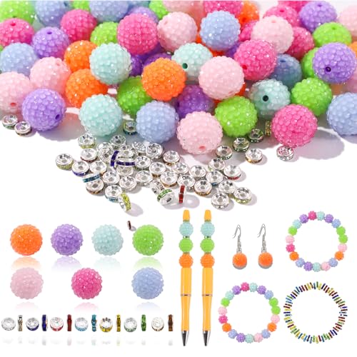 16 mm Perlen für Stifte, 30 Stück Strassperlen und 220 Stück Abstandshalter für Perlenstifte – Glitzer-Acryl-Bubblegum Runde Bling Perle – Perlen-Stift-Zubehör – Focal-Perle für Armbänder (Süßigkeiten von DASTTUIS