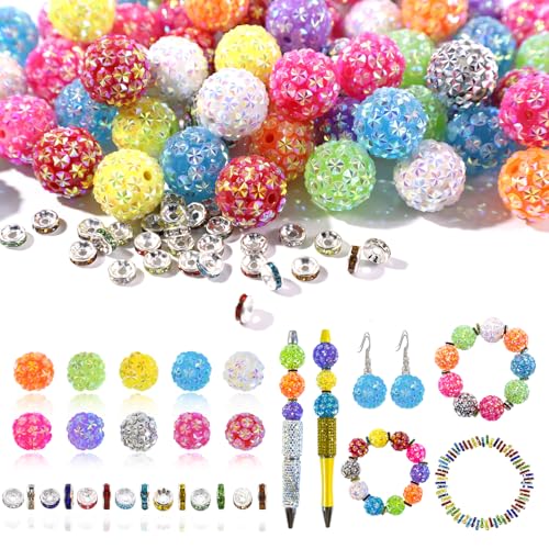20 mm Perlen für Stifte – 20 Stück Strassperlen und 220 Stück Abstandshalter für Perlenstifte – Schneeflocken-Glitzer, Kaugummi-Perlen, Stiftzubehör – Fokusperle für Armbänder (bunt) von DASTTUIS