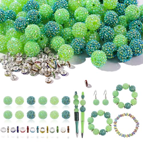 Perlen für Stifte, 16 mm, 30 Stück Strassperlen und 220 Stück Abstandshalter für Perlenstifte – Glitzer-Acryl-Bubblegum, runde Bling-Perlen, Stiftzubehör, Fokusperle für Armbänder (grün) von DASTTUIS