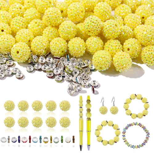 Perlen für Stifte, 16 mm, 30 Stück Strassperlen und 220 Stück Abstandshalter für Perlenstifte – Glitzer-Acryl-Bubblegum runde Bling Perle – Perlen-Stift-Zubehör – Focal-Perle für Armbänder (gelb) von DASTTUIS