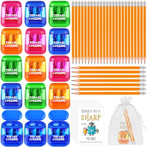 Motivierende Bleistiftspitzer, Geschenk-Set für Schüler, Schulanfang, mit Aufschrift "You are Awesome", farbige Spitzer, inspirierende Karten, Geschenktüten, Bleistift für Schulbedarf, Schulbedarf Motivierende Bleistiftspitzer, Geschenk-Set für Schüler, Schulanfang, mit Aufschrift "You are Awesome", farbige Spitzer, inspirierende Karten, Geschenktüten, Bleistift für Schulbedarf, Schulbedarf von DAVAXI