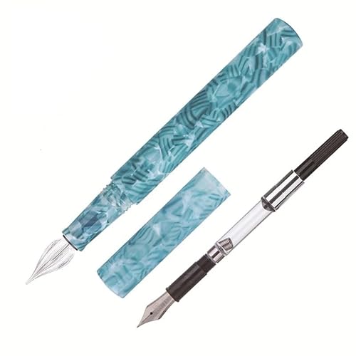 DAVNO Kreativer bunter Zelluloid-Füllfederhalter und Glas-Tauchstift, Hellgrün, EF/F, kleine gebogene Feder mit Geschenkbox, Schreibgeschenk-Set (extra fein 0,38 mm) von DAVNO