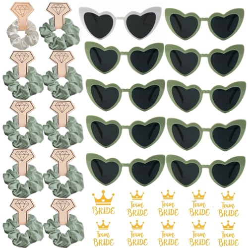 DAWOOWF Jga Accessoires Frauen,Braut Party Set,10 Stylische Herz-Sonnenbrillen+10Edle Satin Haargummis+10 Bride Tattoo Aufkleber für Junggesellinnenabschied, Hochzeit & Frauenfeiern (Grün) von DAWOOWF