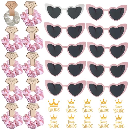DAWOOWF Jga Accessoires Frauen,Braut Party Set,10 Stylische Herz-Sonnenbrillen+10Edle Satin Haargummis+10 Bride Tattoo Aufkleber für Junggesellinnenabschied, Hochzeit & Frauenfeiern (Rosa) von DAWOOWF