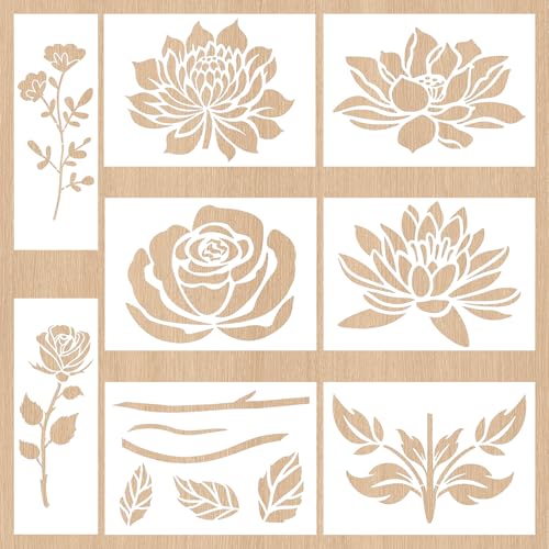 8 Stück Große Blumen Schablonen, Wiederverwendbare Malschablonen für Gartenzaun, Holz, Boden, Möbel und Wandgestaltung - Perfekt für DIY-Projekte, Home-Deko und Kreativ-Workshops von DAWRIS