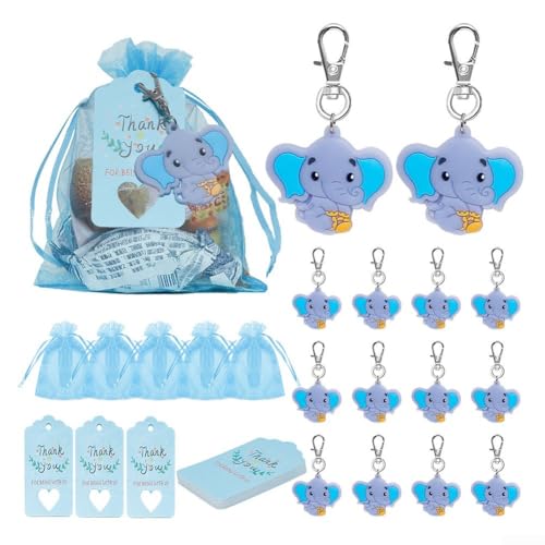 DAZZLEEX Entzückender Elefanten-Schlüsselanhänger, Partyzubehör, komplett mit Gazebeuteln und personalisierten Etiketten (Blau 1) von DAZZLEEX