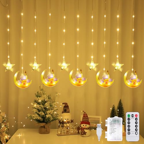 DAZZTIME Ramadan Lichterkette,100 LED Ramadan Licht Stern Mond Lichterketten,Stern Mond Lichterketten 3m,Lichterkette Batterie,Mit 8 Blinkenden Modi,Fernbedienung,für Ramadan,Party,Fenster. von DAZZTIME