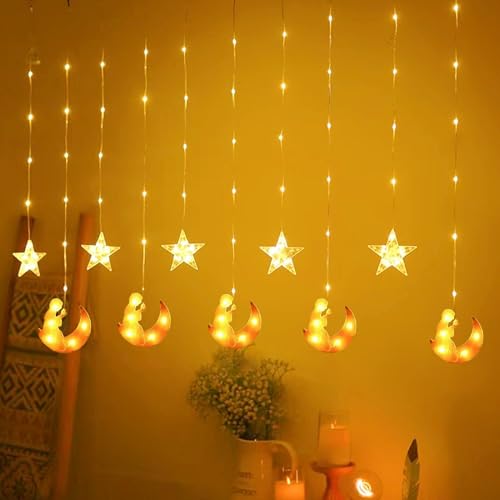 DAZZTIME Ramadan Lichterkette, 100 LED Stern Mond Lichterketten 3m, Batteriebetrieben, 8 Blinkmodi, Fernbedienung, für Party, Fenster von DAZZTIME