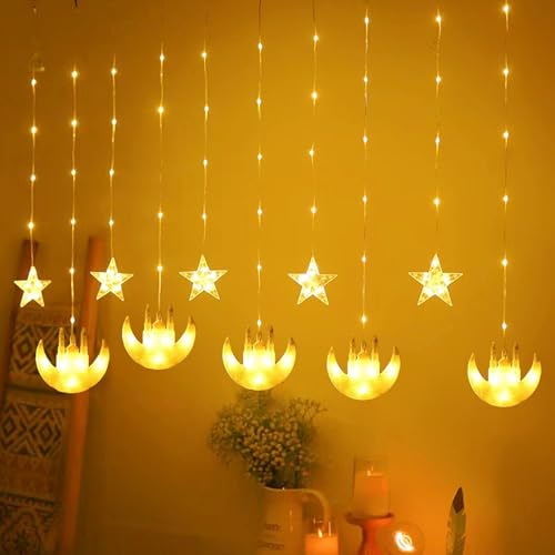 DAZZTIME Ramadan Lichterkette,100 LED Ramadan Licht Stern Mond Lichterketten,Stern Mond Lichterketten 3m,Lichterkette Batterie,Mit 8 Blinkenden Modi,Fernbedienung,für Ramadan,Party,Fenster. von DAZZTIME